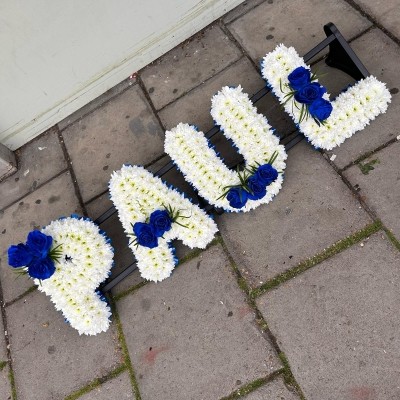 Blue, rose, letter, word, name, Funeral, sympathy, wreath, tribute, flowers, florist, gravesend, Northfleet, Kent, London, Essex 